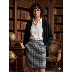 Womens Skirt 16 Blue Houndstooth Dark Academia Wool Blend A-Line Career